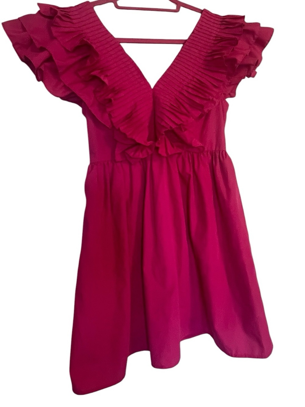 Entro Hot Pink Ruffle Mini Dress Pleated V Neck Barbiecore Party S - Picture 2 of 8